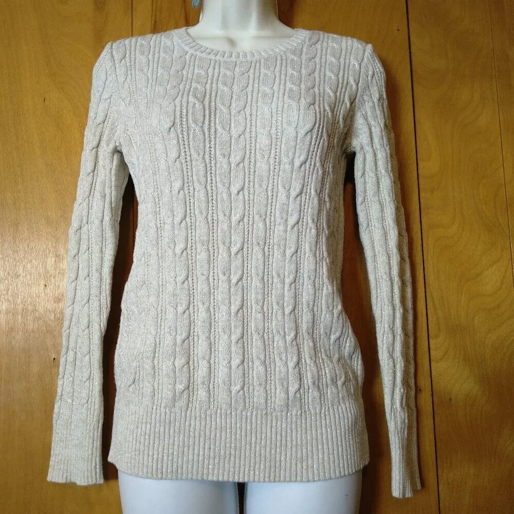 St. John's Bay Cable Knit Long Sleeve Sparkle Sweater Size Small Neutral Classic